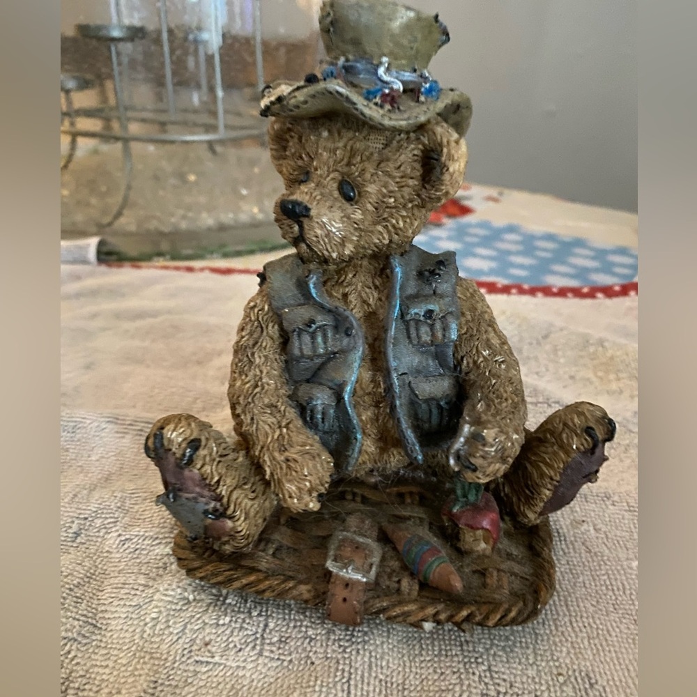 Rustic Brown Teddy Bear Figurine in Fisherman Vest